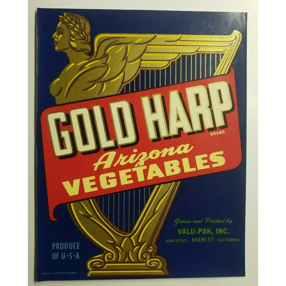 Vintage 1940's Gold‎ Harp Vegetable Crate Label Arizona Valu-Pak Inc (B-2)
